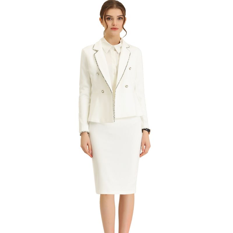 Allegra K Women's Business Suit Tweed Trim Blazer and Skirt Suit Set 2 Pieces, 1 of 6