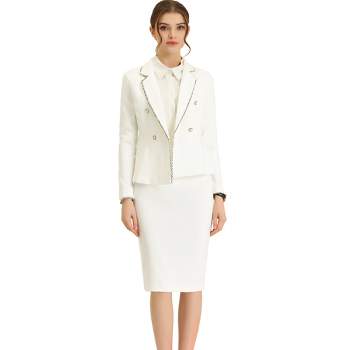 Allegra K Women's Business Suit Tweed Trim Blazer and Skirt Suit Set 2 Pieces