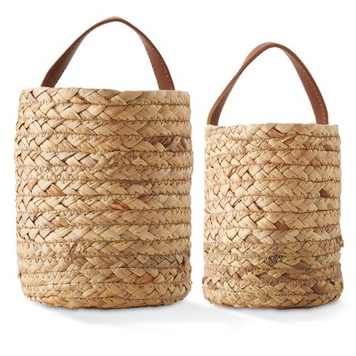 Natural Water Hyacinth Wall Hanging Baskets with Faux Leather Handles