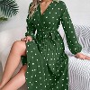 Women's Dot Printed Casual Dress V Neck Long Sleeve Tie Waist Pleated Midi Dress - 4 of 4