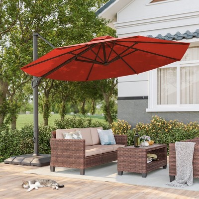 Sonkuki 11FT Outdoor Cantilever Patio Umbrella w/Base and Aluminium Pole, 360° Rotation and Infinite Canopy Angle Adjustment