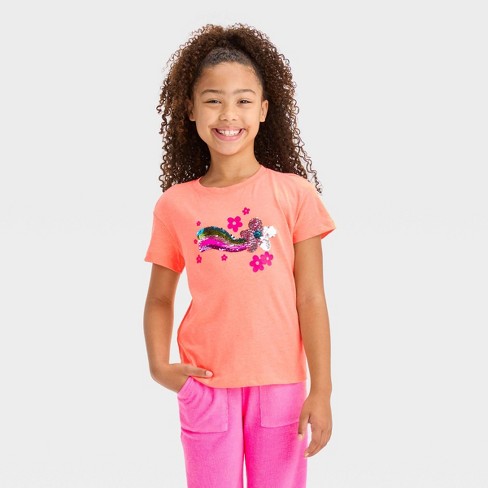 Girls' Flip Sequin 'flower' Short Sleeve Graphic T-shirt - Cat & Jack™ Neon  Peach L : Target