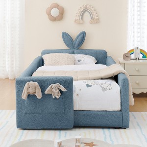 GDFStudio Chloe Twin Size Upholstered Boucle Montessori Floor Bed  with Safety Rail and Pocket - 1 of 4