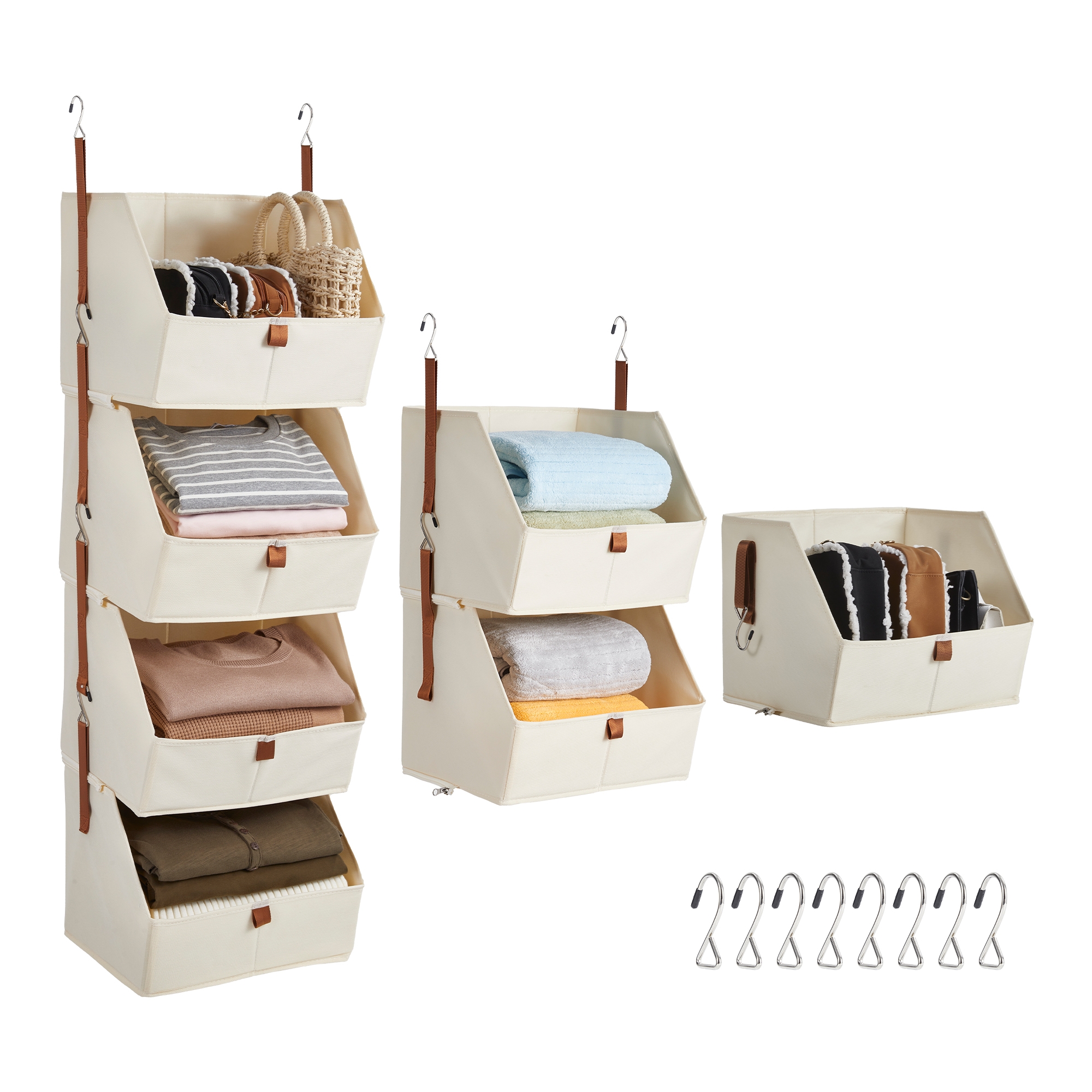 GustoWave 4-Tier Hanging Closet Organizer, 2-Pack Non-Woven Storage Shelves with Baskets, Space-Saving for Bedroom, Dorm, White
