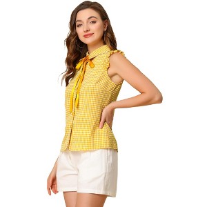 INSPIRE CHIC Women's Bow Tie Neck Vintage Ruffle Sleeveless Gingham Plaid Shirt - 1 of 4