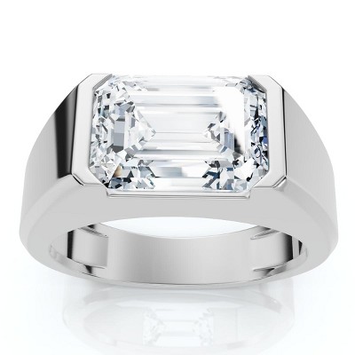 Pompeii3 Certified 3Ct Men's Emerald Cut Half Bezel Diamond Ring 14k Gold or Pt Lab Created