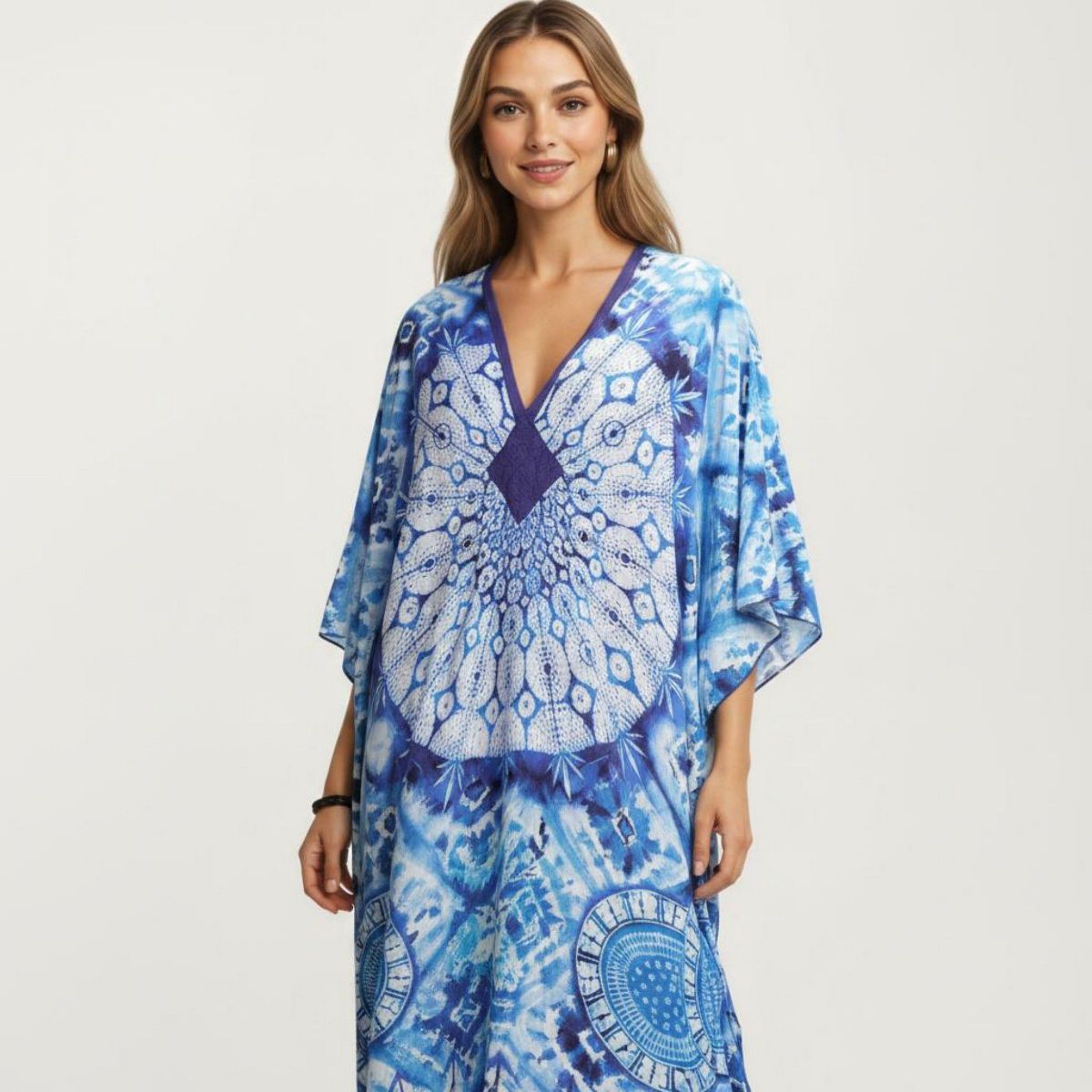Anna-Kaci Women's Tie Dye Medallion Kaftan Maxi Dress with V-Neckline and Relaxed Flowy Silhouette - thumbnail 4