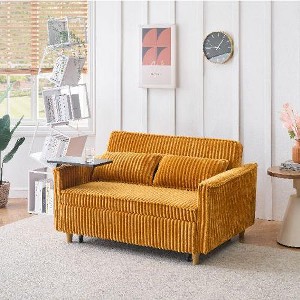 CAVINAS Pull-Out Sofa with 2 Plush Throw Pillows, Equipped with a Movable Tabletop and Usb Ports, Loveseat Sofa Bed with Adjustable Backrest -Yellow - 1 of 4