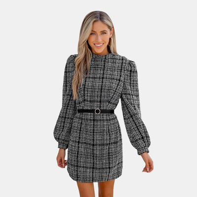 Women's Charcoal Tweed Plaid Mockneck Long Sleeve Mini Dress - Cupshe