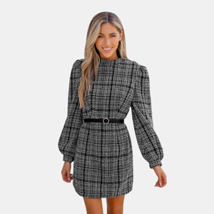 Women's Charcoal Tweed Plaid Mockneck Long Sleeve Mini Dress - Cupshe - 1 of 4