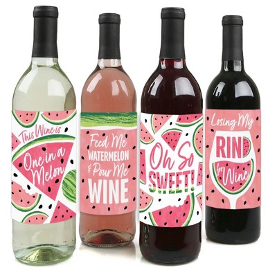 Big Dot of Happiness Sweet Watermelon - Fruit Party Decorations for Women and Men - Wine Bottle Label Stickers - Set of 4