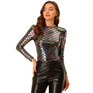 INSPIRE CHIC Women's Metallic Round Neck Long Sleeve Sparkly Disco Party Shiny Top - 1 of 4
