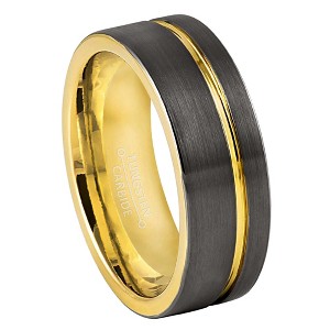 Jewelry Avalanche Gold & Gunmetal IP Grooved Tungsten Carbide Mens Wedding Band Pipe Cut - 1 of 4