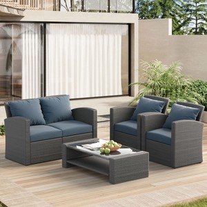 ELJGET 4 Pieces Patio Conversation Set, Outside Rattan Sectional Sofa Furniture Set with Cushion for Garden, Porch, Backyard, Grey - 1 of 4