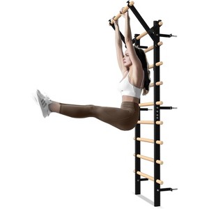 Swedish Ladder Wood Stall Bar, Suspension Trainer with Pull-Up Bar and Dip Bar Attachments, Wooden Stall Bar with 9 Strategic Rods - 1 of 4