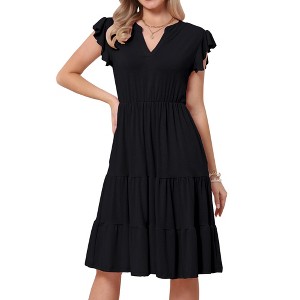 INSPIRE CHIC Women's Summer Tiered V Neck Ruffle Cap Sleeve Flowy A-Line Midi Dresses - 1 of 4