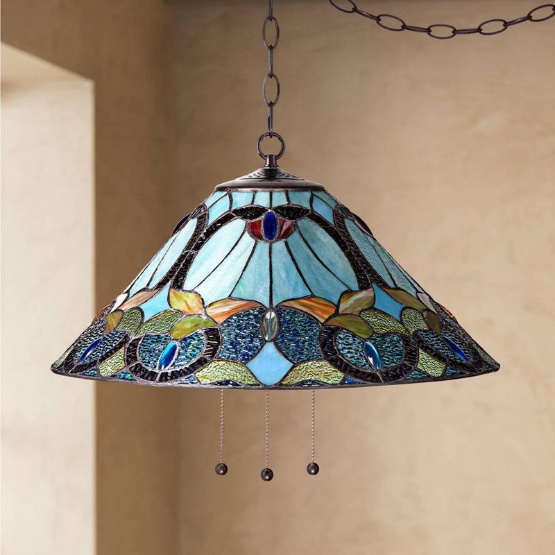 Robert Louis Tiffany Harvest Bronze Plug In Swag Pendant Chandelier 20 1/2" Wide Mission Art Glass 3-Light Fixture for Dining Room Home Kitchen Island, 2 of 9