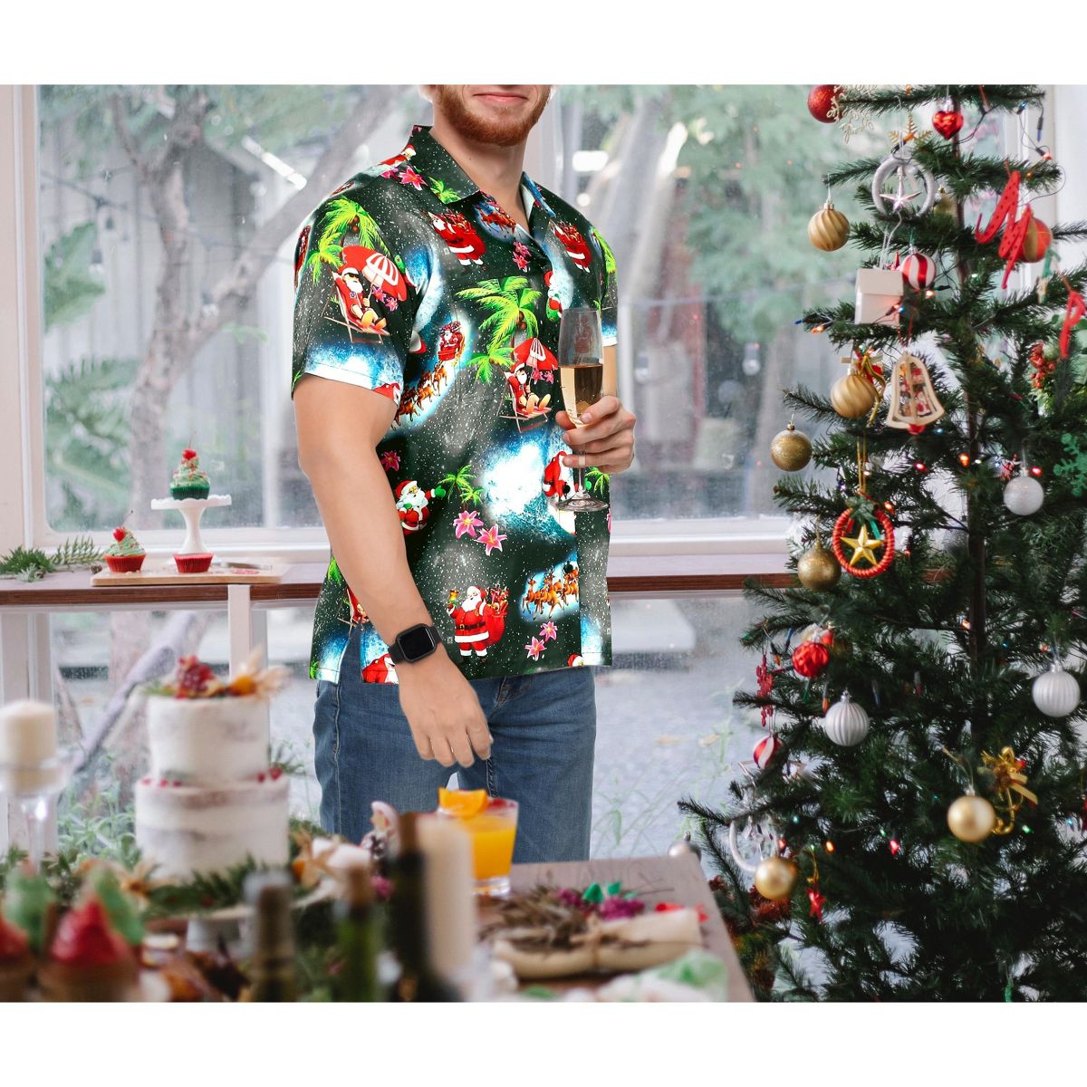 HAPPY BAY Mens Hawaiian Christmas Tree Shirts Short Sleeve Button Down Shirt Men's Tropical Shirts Shirts for Men Funny 5XL Black - thumbnail 2