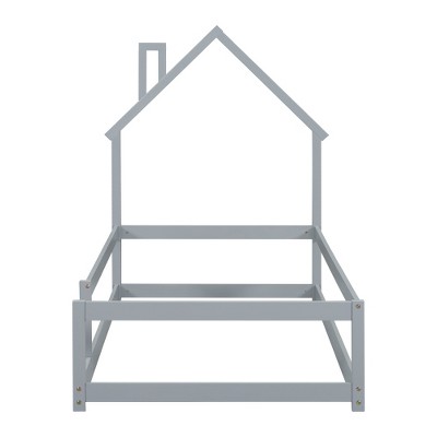 Dolonm Twin House-Shaped Floor Bed with Safety Rails - Wooden Low Profile Kids Bed, Easy Assembly