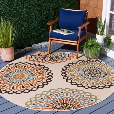 Cream and Terracotta Round Reversible Synthetic Rug