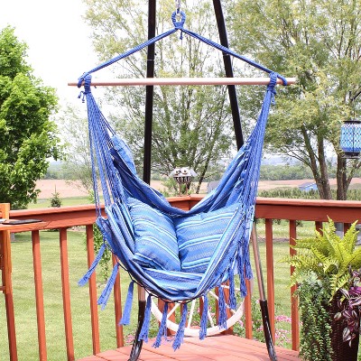 Blue Striped Polyester Hanging Hammock Chair with Cushions