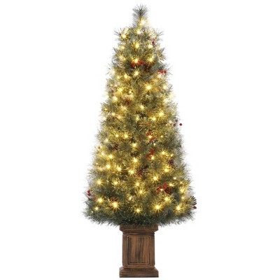 coucheta Artificial Christmas Tree, 4.5 Ft Pre-Lit Snow Flocked Christmas Tree, Potted Holiday Xmas Tree with 200 LED, Light Box, Red Berry Clusters