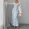 Womens Long Sleeve Floral Dress Sweetheart Neck Ruffle Maxi Dress with Mesh Poet Sleeve Vitage Prairie Dress Ruched Bustier Dress - 3 of 4