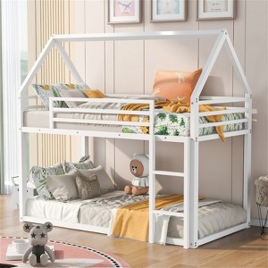 RISOKEYS Twin Over Twin Bunk Bed - Low Bunk Bed Metal Bunk Beds with Ladder and Full-Length Guardrail for Girl & Boy, No Box Spring Needed - White - 1 of 4
