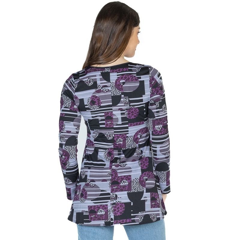 24seven Comfort Apparel Womens Purple Print Scoop Neck Long Sleeve Tunic Top, 3 of 5