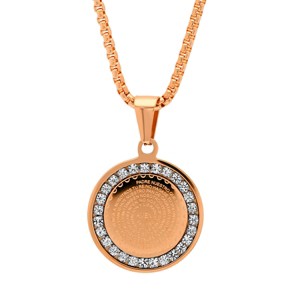Steeltime 24" 18k rose gold plated stainless steel Padre Nuestro prayer round pendant with simulated diamonds - 1 of 4
