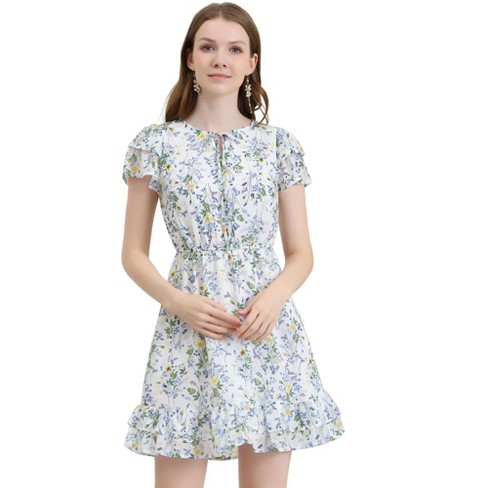 Allegra K Women's Square Neck Flowy Ruffle Trim A-line Short Sleeve Floral  Dress X-Small White at  Women's Clothing store