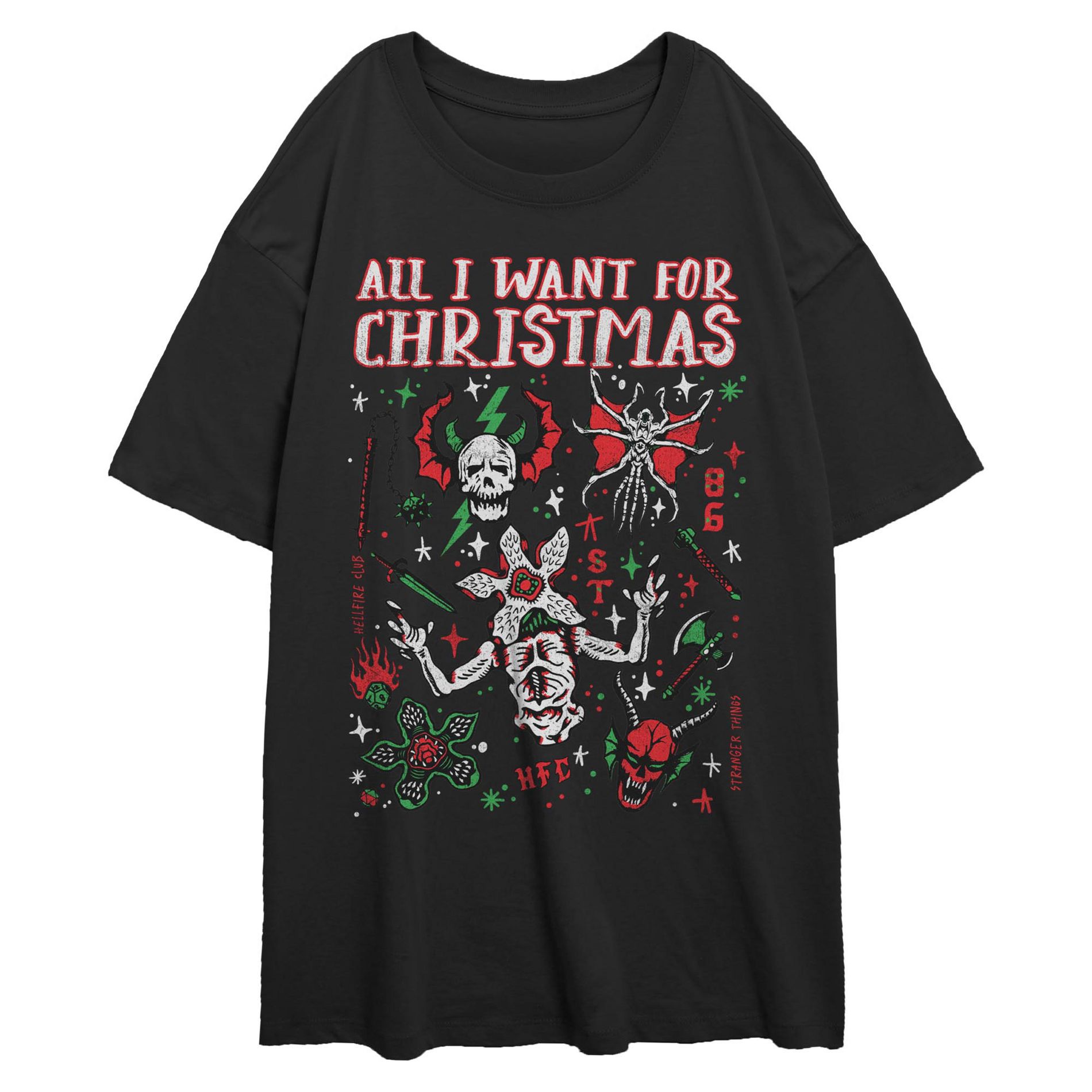 Juniors Womens Stranger Things All I Want For Christmas Monster Icons T Shirt