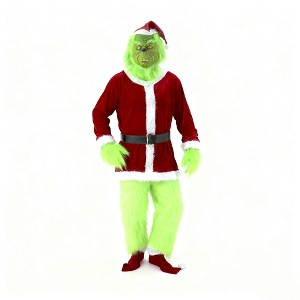Aoibox Adult Christmas Green Monster Santa Costume Set (7PCS) - Complete Santa Claus Outfit with Mask, Fun Festive Attire for Holiday Celebrations - 1 of 4