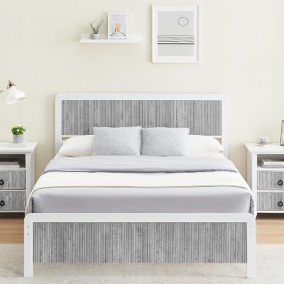 Queen Bed Frame with Curved Wood Headboard and Footboard Under Bed Storage No Box Spring Needed