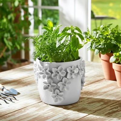 Planter Stoneware Ceramic Floral Design with Raised 3D Sculpted Flowers and Glossy Handcrafted Texture Detailing