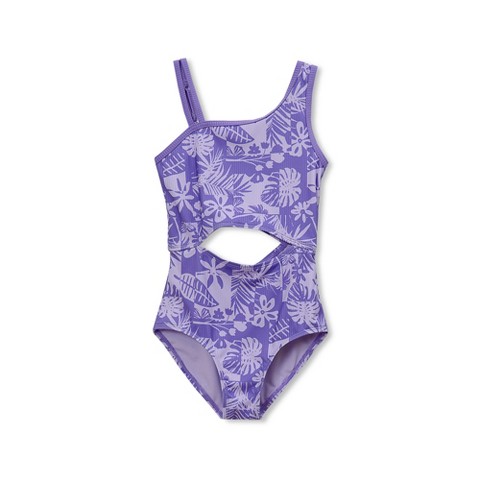 Lands' End Kids Chlorine Resistant Asymmetrical One Piece Swimsuit - X-Large - Purple/Tropical Floral