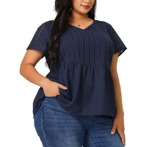 Agnes Orinda Women's Plus Size Contrast Panel Eyelet V Neck Elastic Back Short Sleeve Blouses - 1 of 4