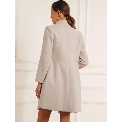 Allegra K Women's Stand Collar Long Sleeve Button Down Winter Pea Coat Medium Beige — фото 3