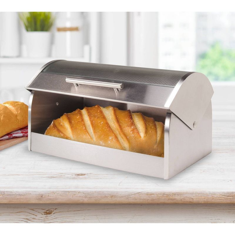 Oggi Stainless Steel Breadbox with Tempered Glass Roll Top Lid, 3 of 5