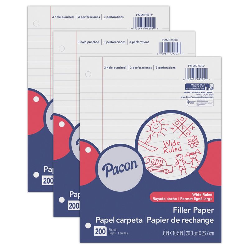 Pacon® Filler Paper, White, 3-Hole Punched, Red Margin, 3/8" Ruled, 8" x 10.5", 200 Sheets Per Pack, 3 Packs, 1 of 4