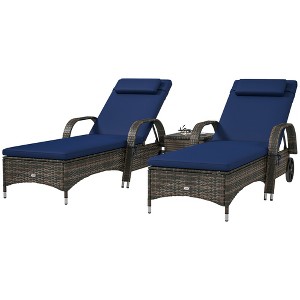 Patio Wicker Chaise Lounge Chair Set of 2 with Table, Adjustable Backrest, Wheels, Cushion & Headrest - 1 of 4