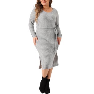 Agnes Orinda Women's Plus Size Long Sleeve Round Neck Ribbed Split Hem Tie Waist Midi Sweater Dress - 1 of 4