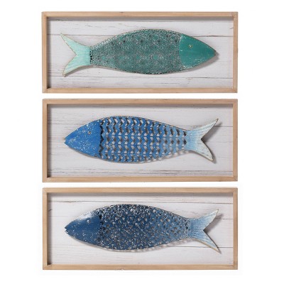 Ecco 5 Blue Abstract Fish Framed and Hand-Painted on Canvas