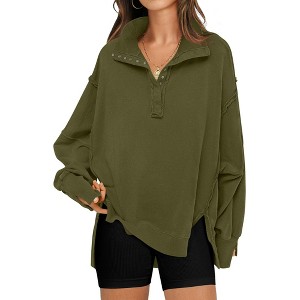 Women's Sweatshirts Oversized Casual Loose Button Up Henley Pullover Top High Low Split 2025 Fall Fashion Outfits - 1 of 4