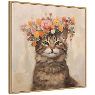 Kate & Laurel All Things Decor 30"x30" Sylvie Adorable Floral Boho Cat Framed Canvas by The Creative Bunch Studio Natural