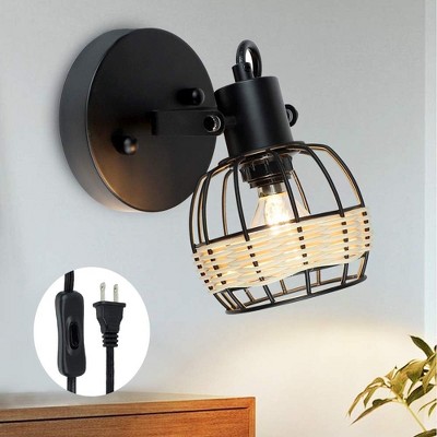 Runesay Rustic Cage Wall Spotlight Fixture, Adjustable Heads Wall Sconce, Wall Lamp with Plug in Cord and On/Off Switch E12 Base
