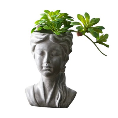 Slickblue Decorative Cement Girl Planter, Musing Figurine Flower Pot, Indoor/Outdoor, Natural, 4.4"x8.3"x12"