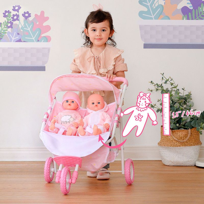Olivia's Little World Double Twin Baby Doll Pram Stroller Pink Stars OL-00012, 6 of 14