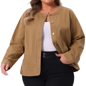 Agnes Orinda Women's Plus Size Collarless Button Down Long Sleeve Cargo Denim Jacket with Pocket - 1 of 4