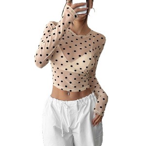 Coolmee Women's Trendy Crew Neck Polka Dot Sheer Mesh Blouse Slim
